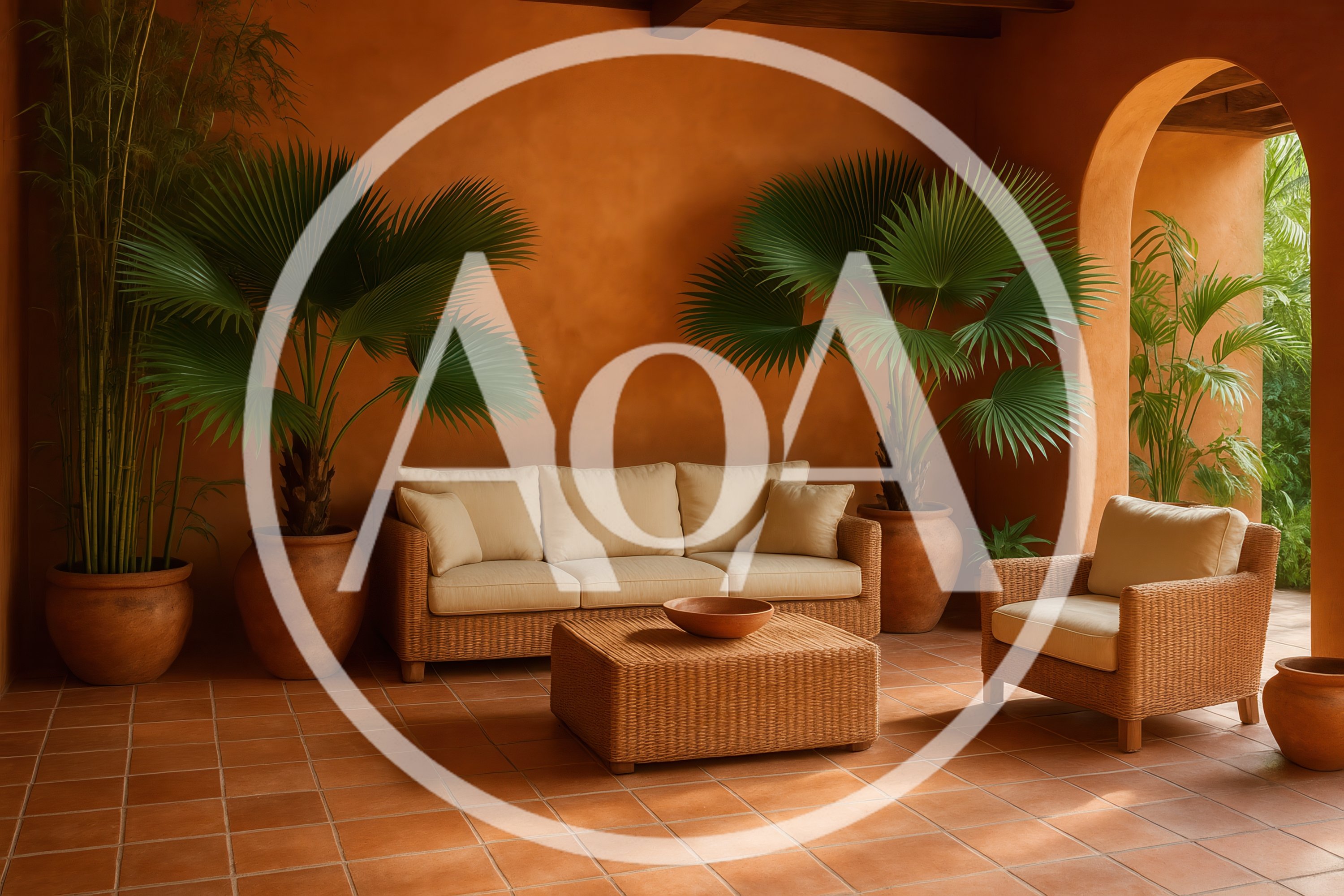 Outdoor Wicker Furniture Set On A Terracotta Patio