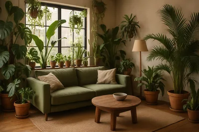 Cozy Living Room Filled With Lush Indoor Plants