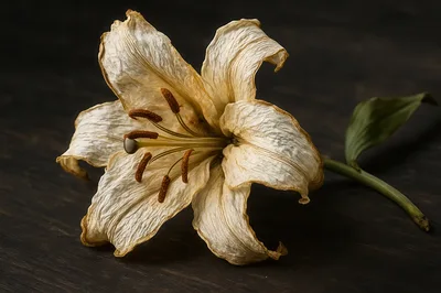 Withered White Lily Flower on Dark Wooden Surface