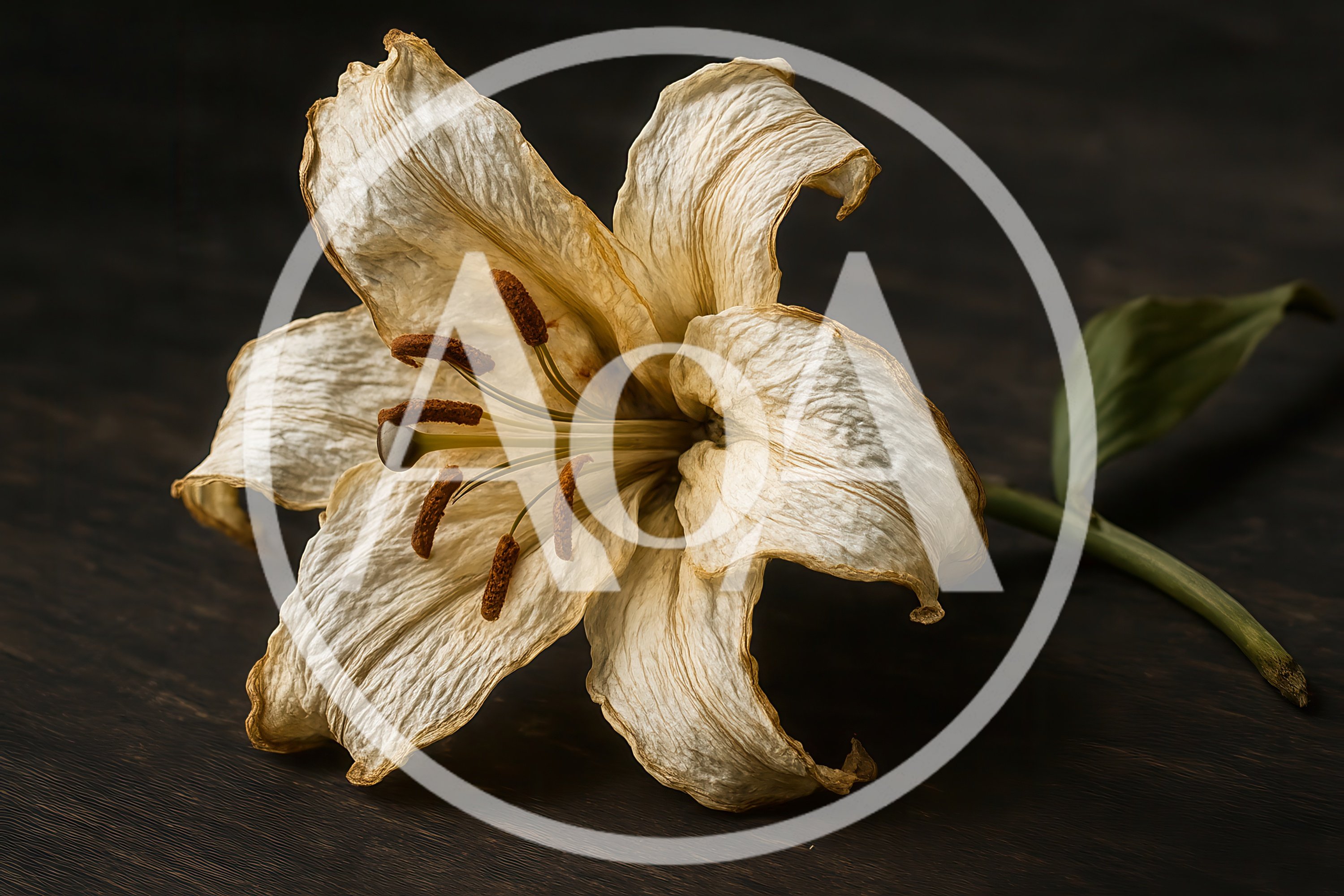 Withered White Lily Flower on Dark Wooden Surface