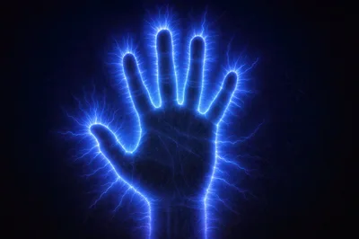 Human Hand Silhouette Surrounded By Electric Blue Plasma Arcs
