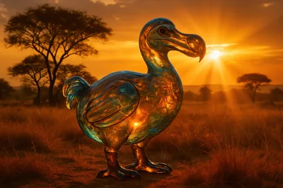 Glass Dodo Bird Sculpture In African Savanna Sunset