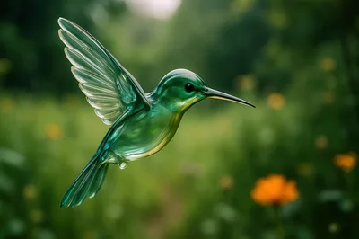 Glass Hummingbird Flying In A Lush Garden