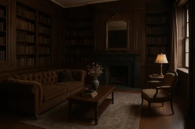 Classic Dark Wood Library With Chesterfield Sofa