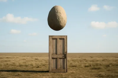 Surreal Wooden Door Standing Alone In A Vast Field