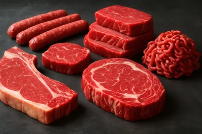 Assorted Raw Meat Cuts On Dark Surface