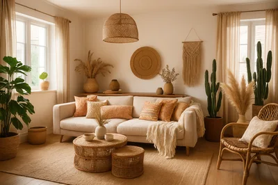 Bohemian Living Room Interior With Natural Decor