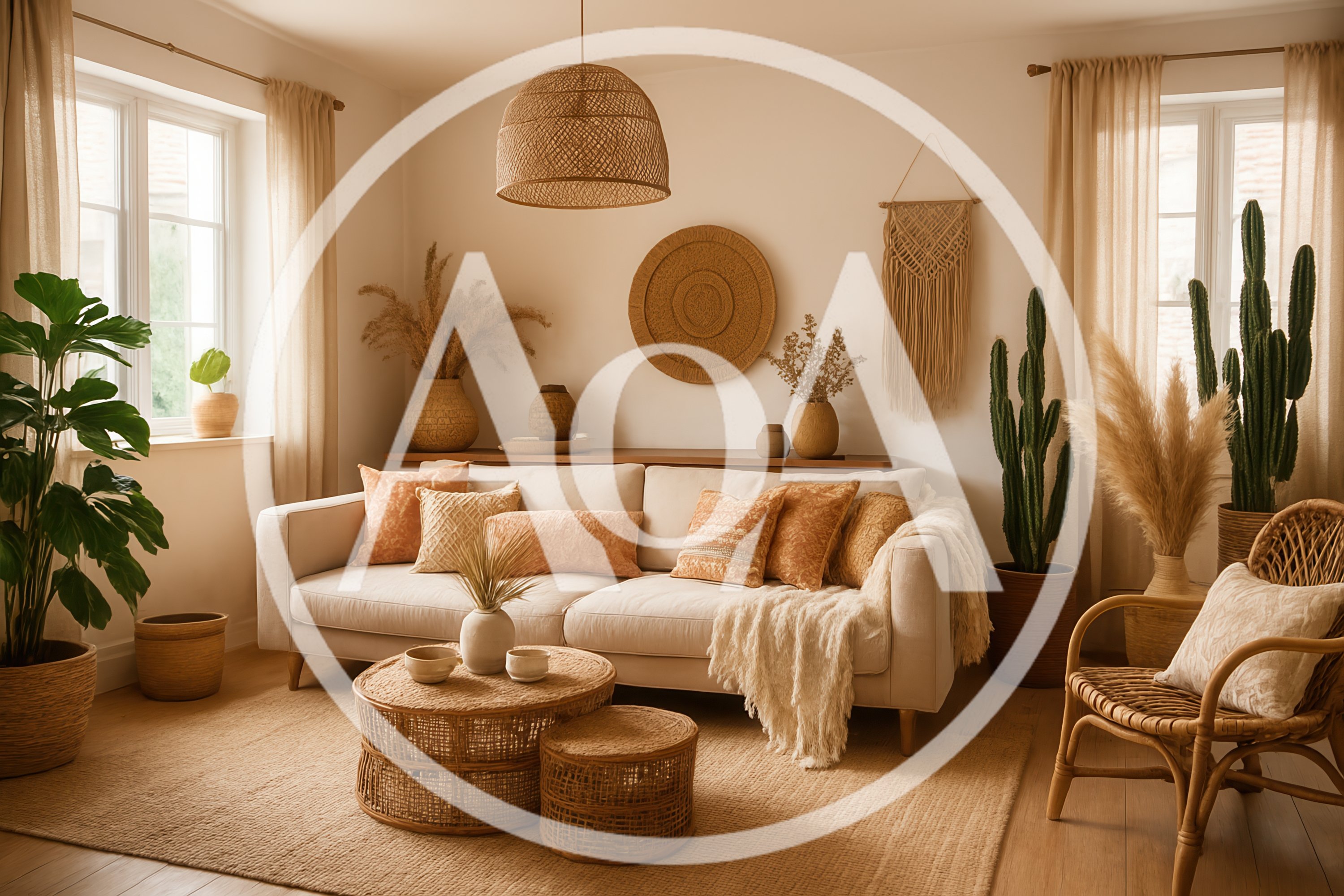 Bohemian Living Room Interior With Natural Decor