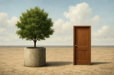 Surreal Landscape With A Potted Tree And Wooden Door