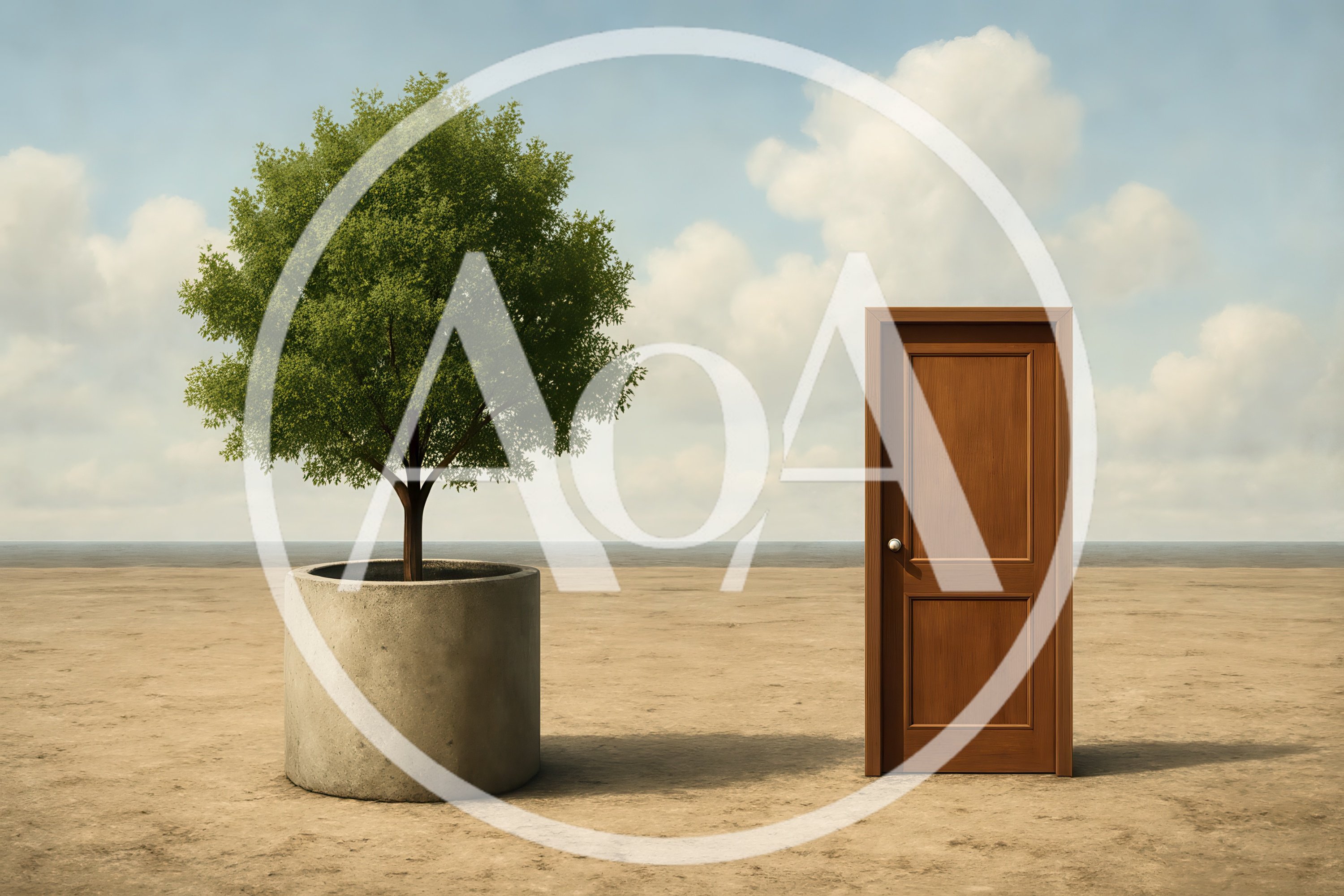 Surreal Landscape With A Potted Tree And Wooden Door