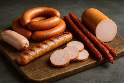 Assorted Sausages and Deli Meats on Wooden Board