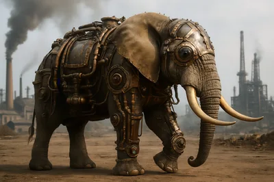 Steampunk Mechanical Elephant Walking Through Industrial Landscape