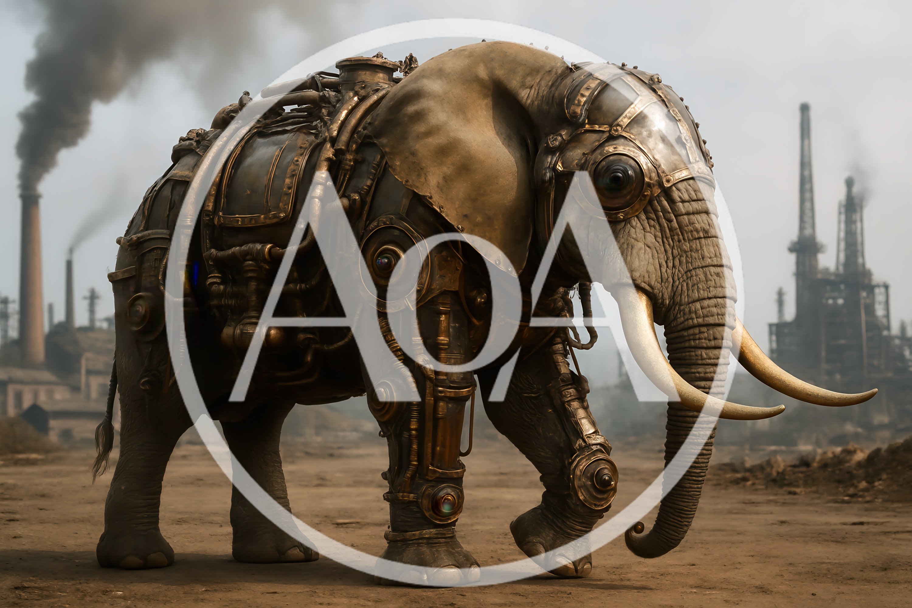 Steampunk Mechanical Elephant Walking Through Industrial Landscape