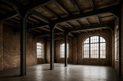 Empty Industrial Loft With Exposed Brick And Steel Beams
