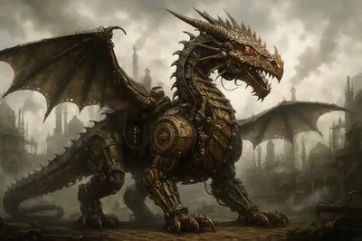 Steampunk Mechanical Dragon Standing In A Foggy Industrial City