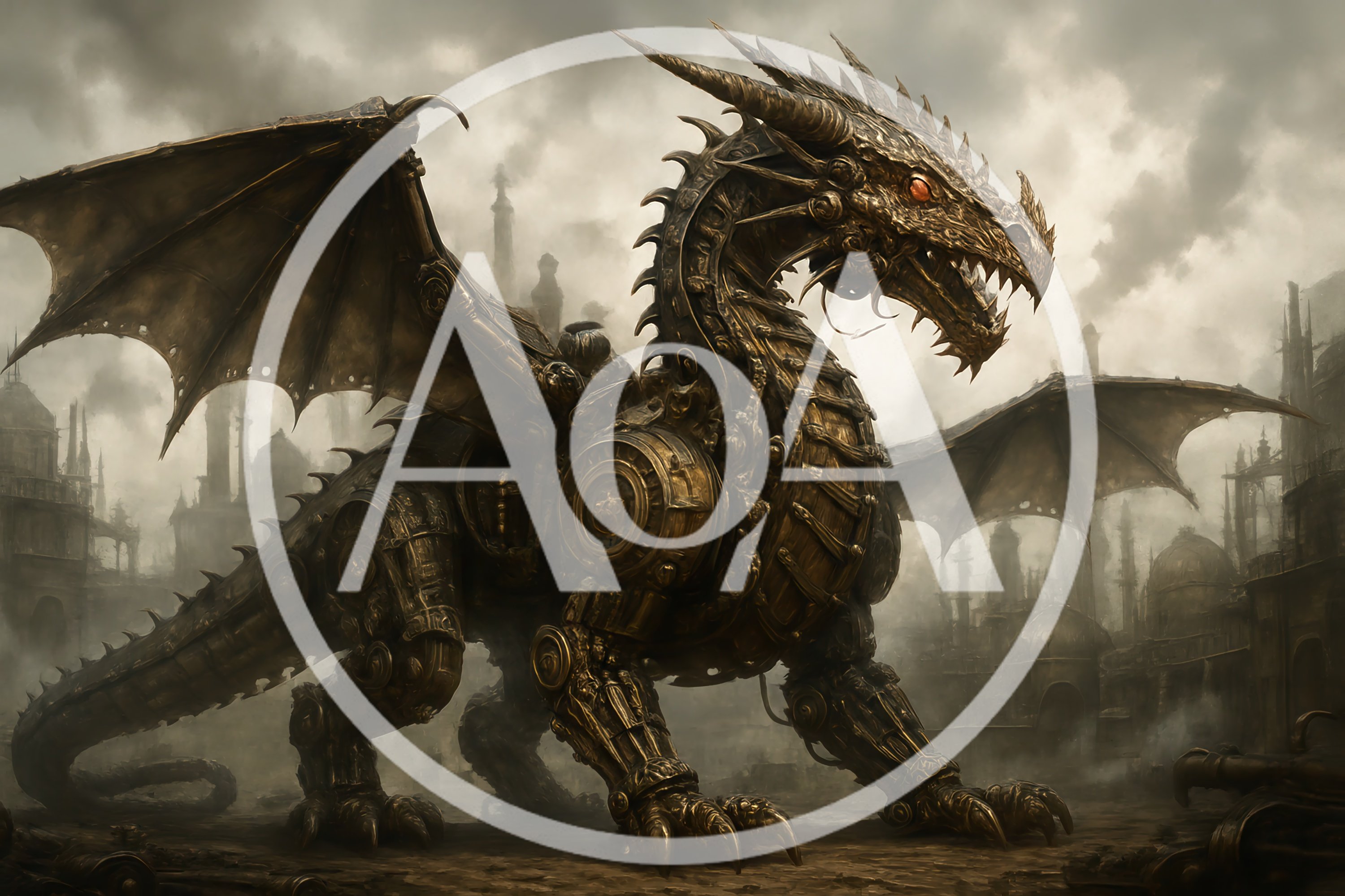 Steampunk Mechanical Dragon Standing In A Foggy Industrial City
