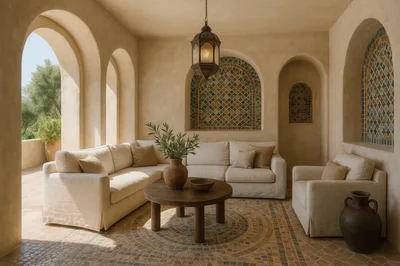 Elegant Mediterranean Living Room With Arched Architecture