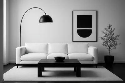 Minimalist Living Room With White Sofa And Black Decor