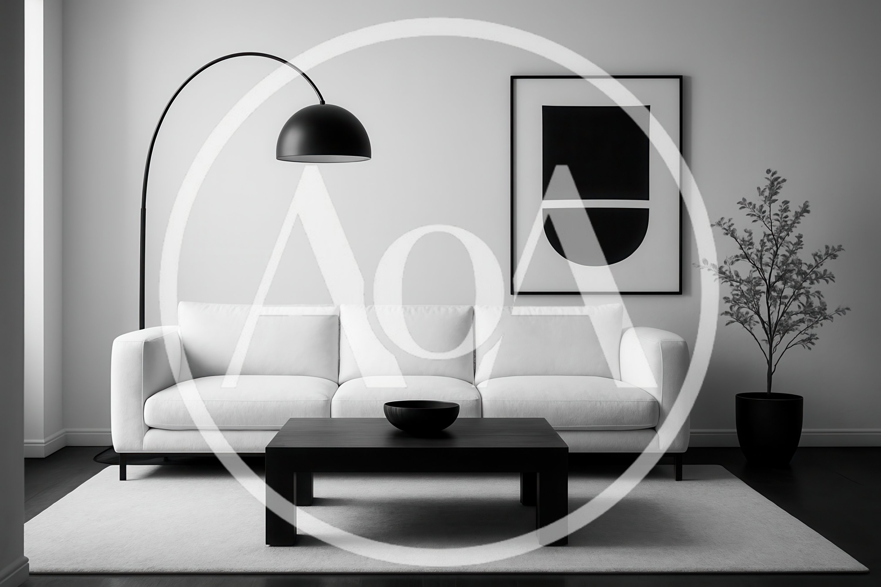 Minimalist Living Room With White Sofa And Black Decor