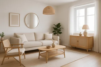 Modern Minimalist Living Room Interior With Rattan Furniture