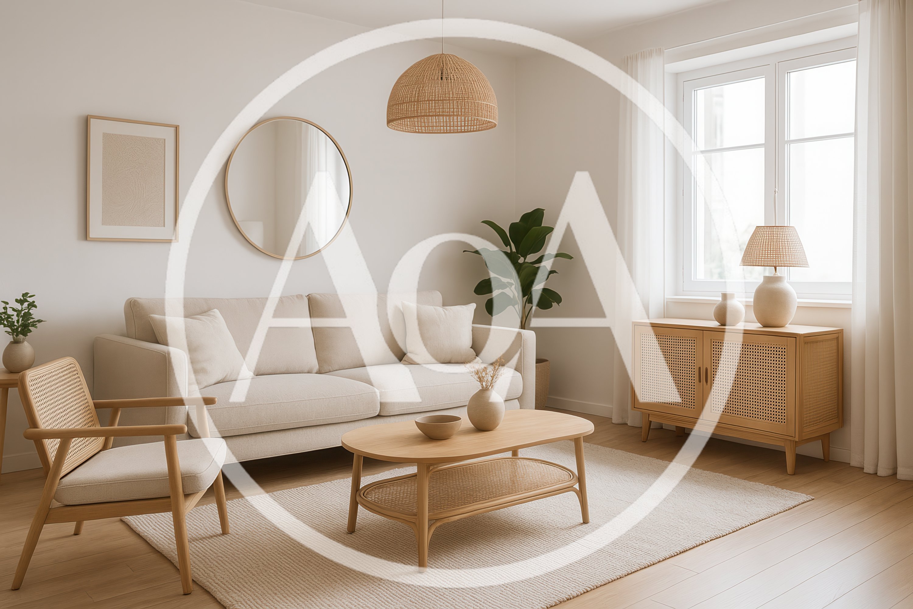 Modern Minimalist Living Room Interior With Rattan Furniture