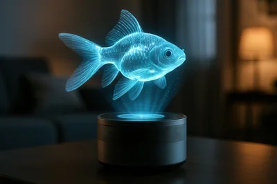 Holographic Goldfish Floating Above A Smart Speaker
