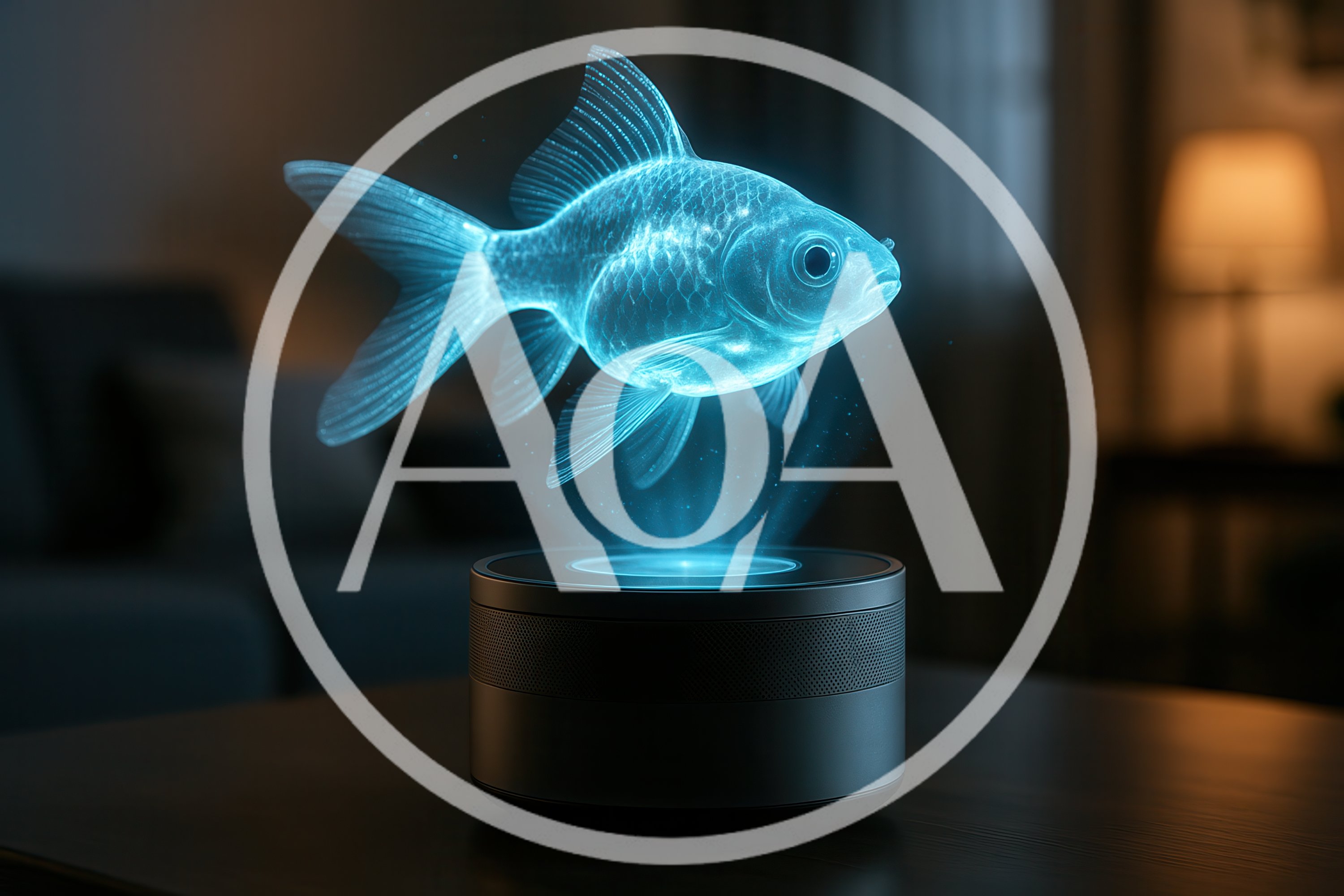 Holographic Goldfish Floating Above A Smart Speaker