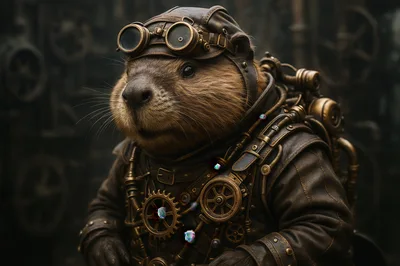 Steampunk Beaver Character In Detailed Mechanical Gear