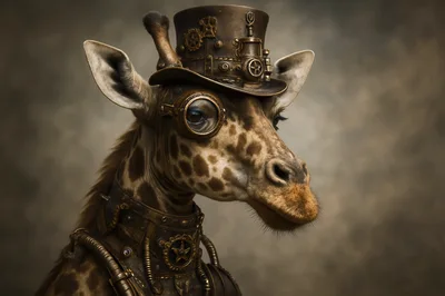 Steampunk Giraffe Portrait With Top Hat And Goggles