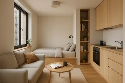 Modern Studio Apartment Interior With Kitchen And Bed