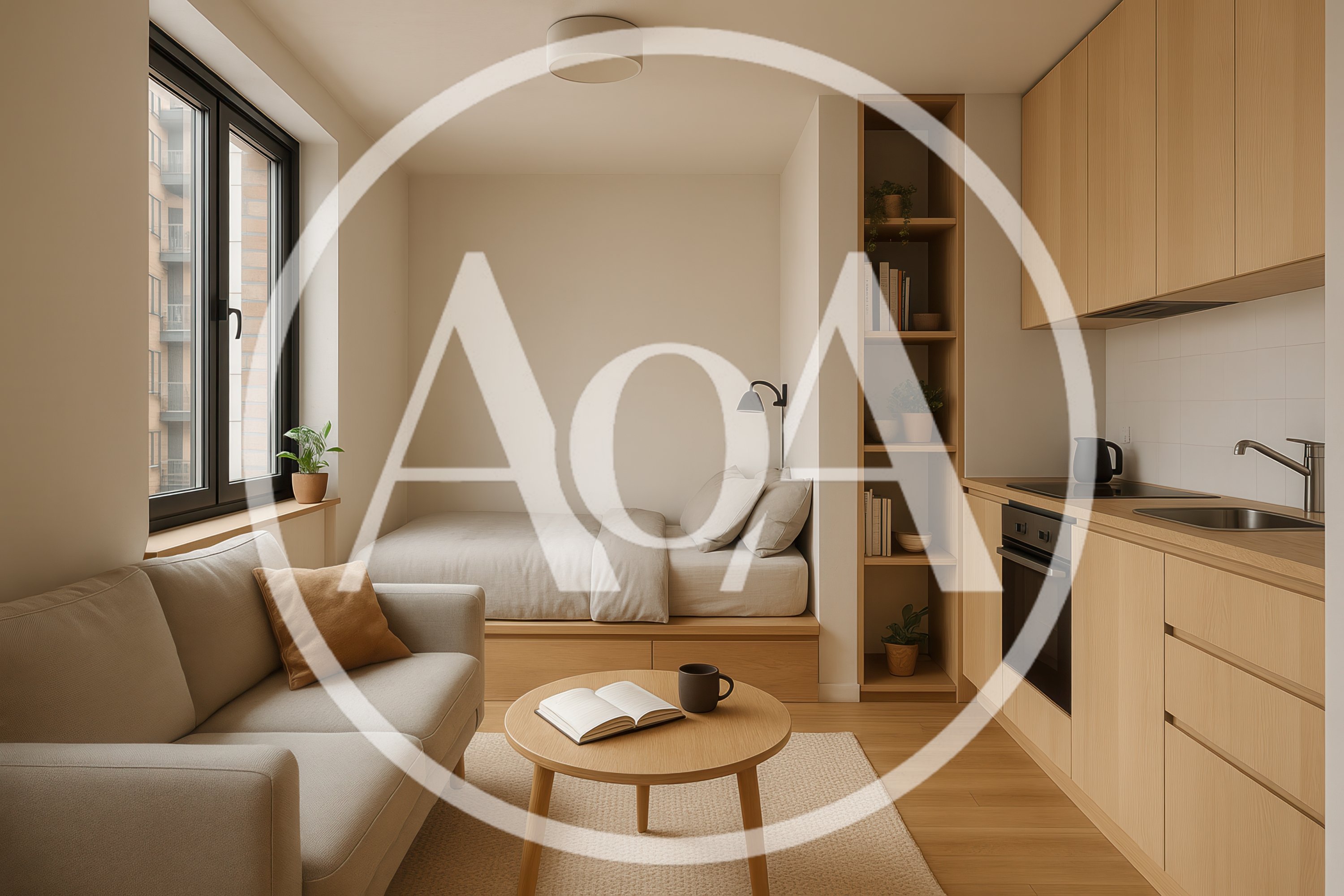 Modern Studio Apartment Interior With Kitchen And Bed