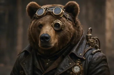 Steampunk Brown Bear Portrait With Goggles And Leather Jacket
