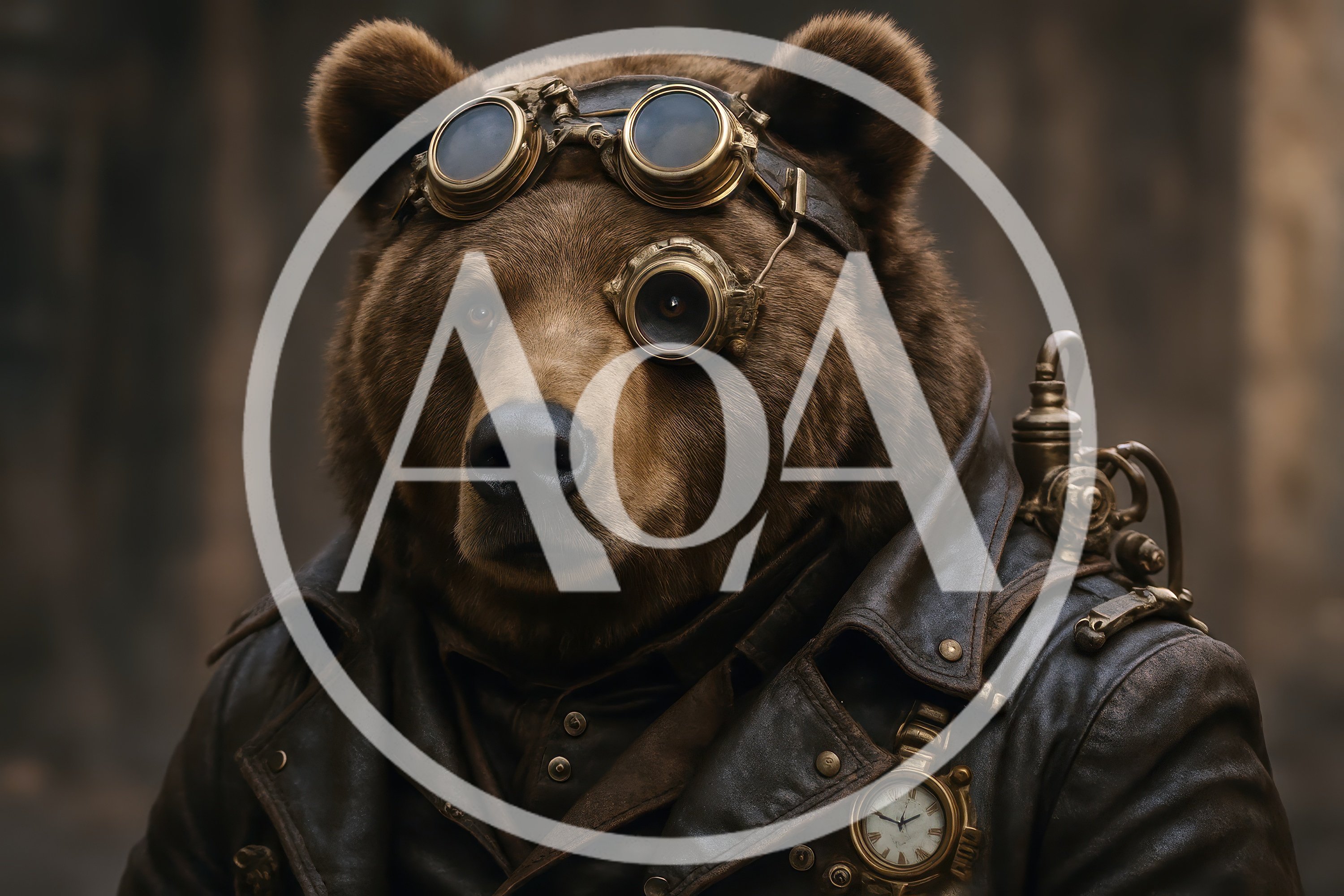 Steampunk Brown Bear Portrait With Goggles And Leather Jacket