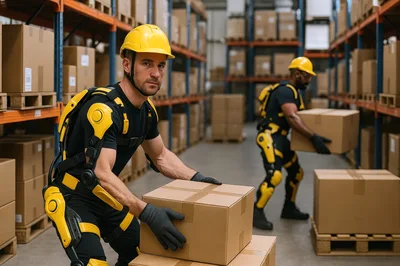 Warehouse Workers Using Industrial Exoskeletons For Lifting