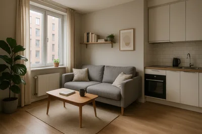 Modern Studio Apartment Interior With Kitchenette And Sofa