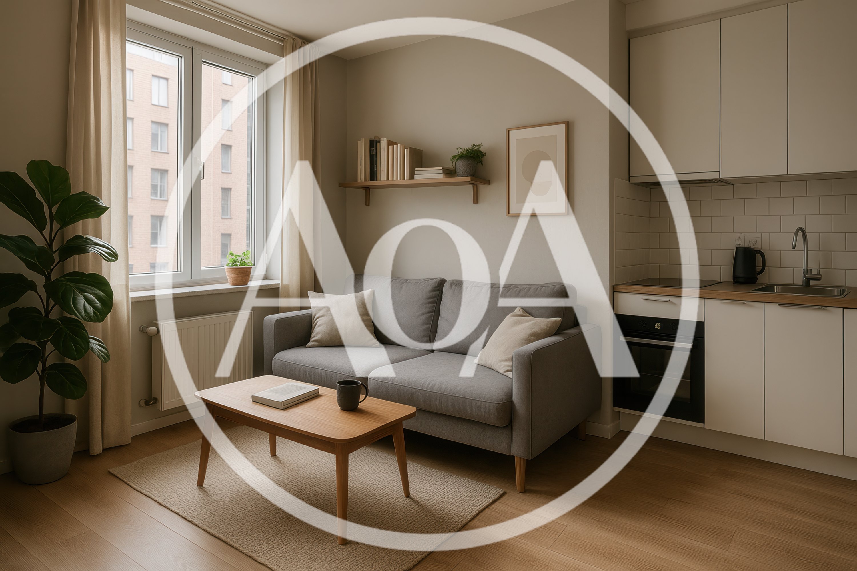 Modern Studio Apartment Interior With Kitchenette And Sofa