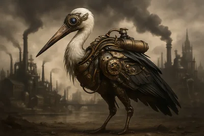 Steampunk Mechanical Bird In Industrial Cityscape