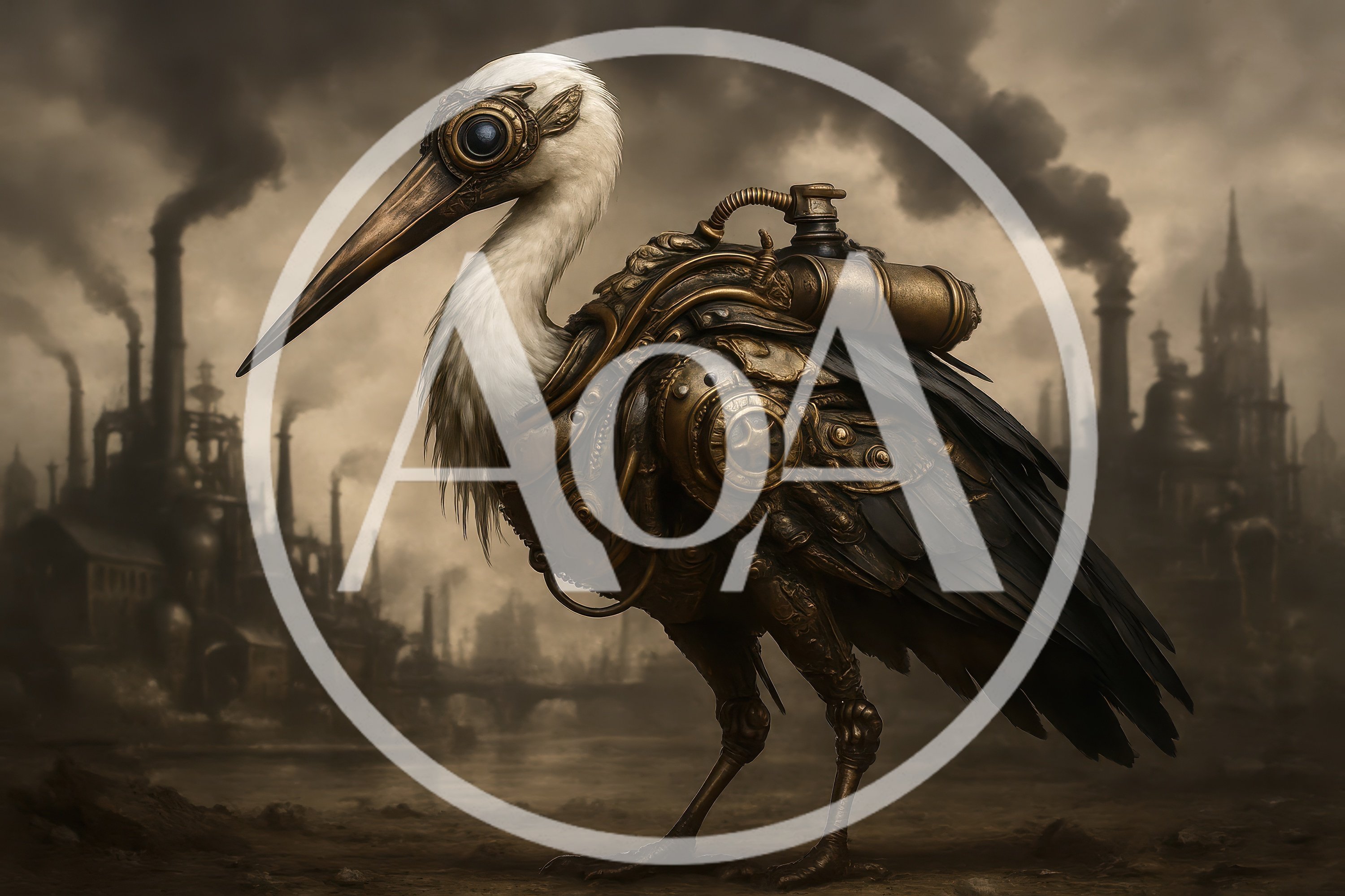 Steampunk Mechanical Bird In Industrial Cityscape