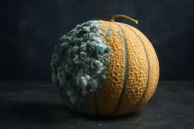 Moldy Cantaloupe Melon on Dark Background
