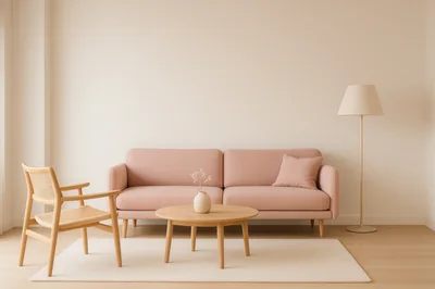 Minimalist Living Room With Pink Sofa And Wooden Chair
