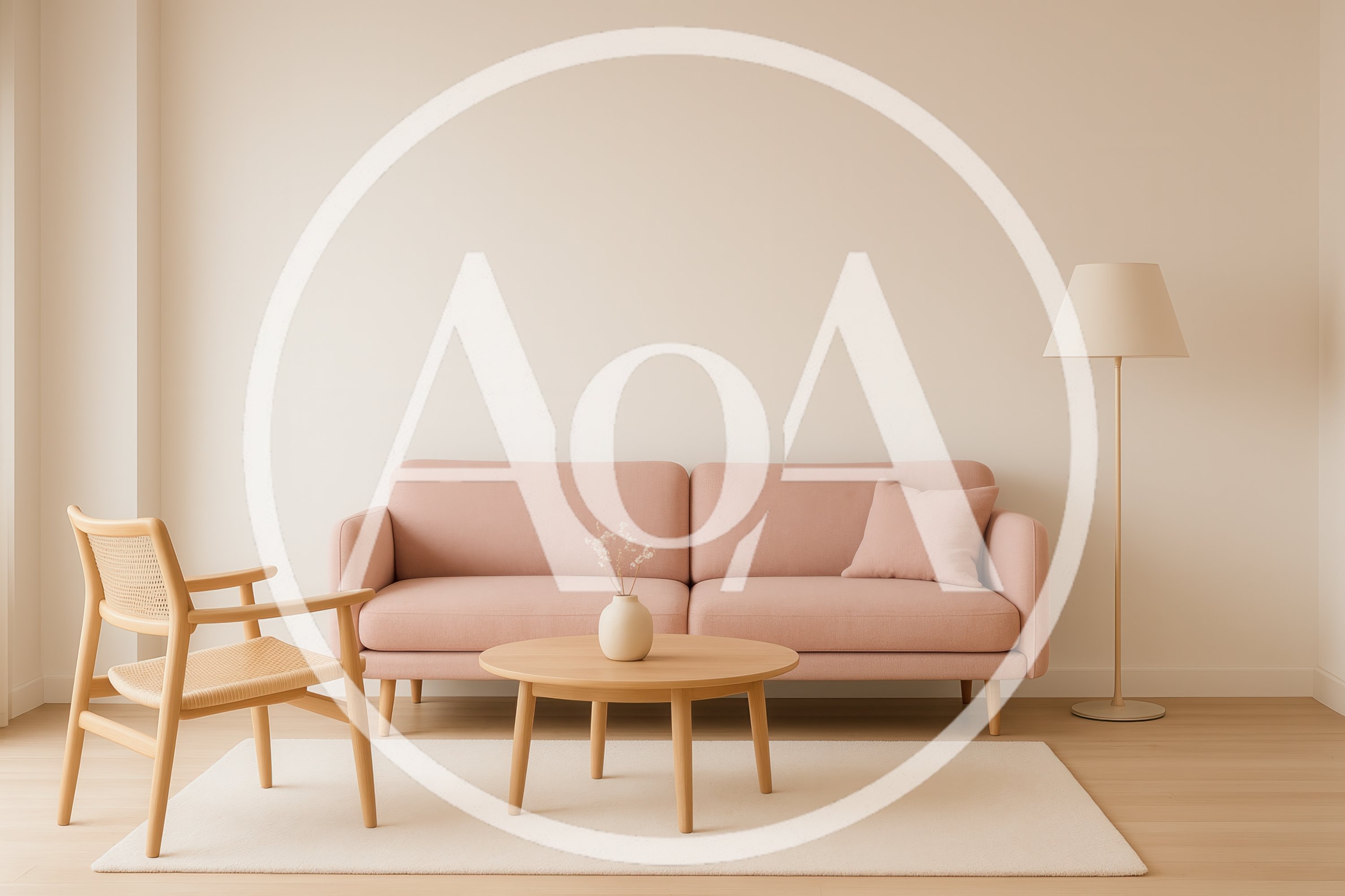 Minimalist Living Room With Pink Sofa And Wooden Chair
