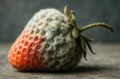 Single Moldy Strawberry on a Wooden Surface