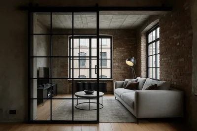 Modern Industrial Living Room With Glass Partition