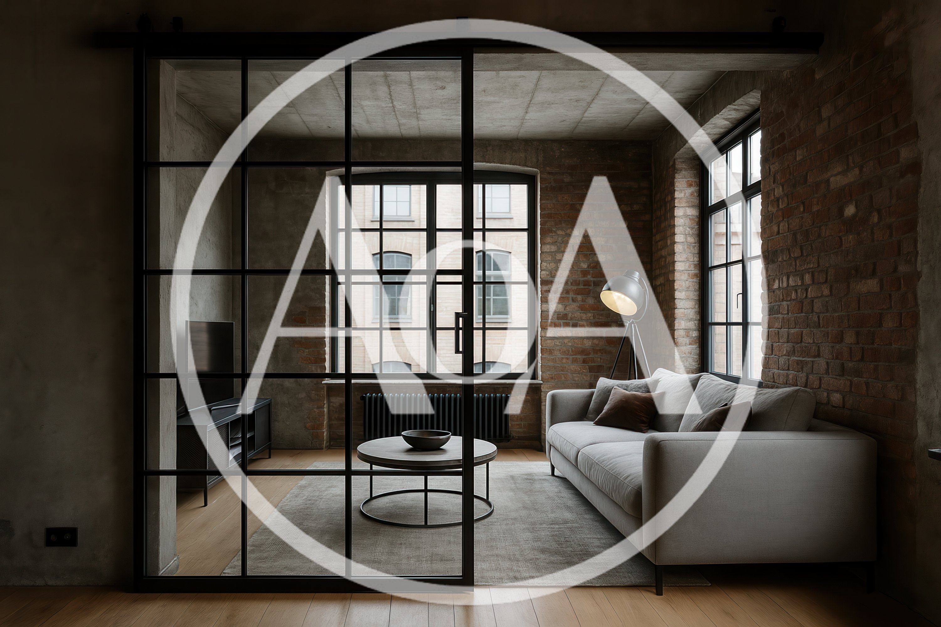 Modern Industrial Living Room With Glass Partition