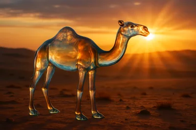 Glass Camel Sculpture Standing In Desert At Sunset