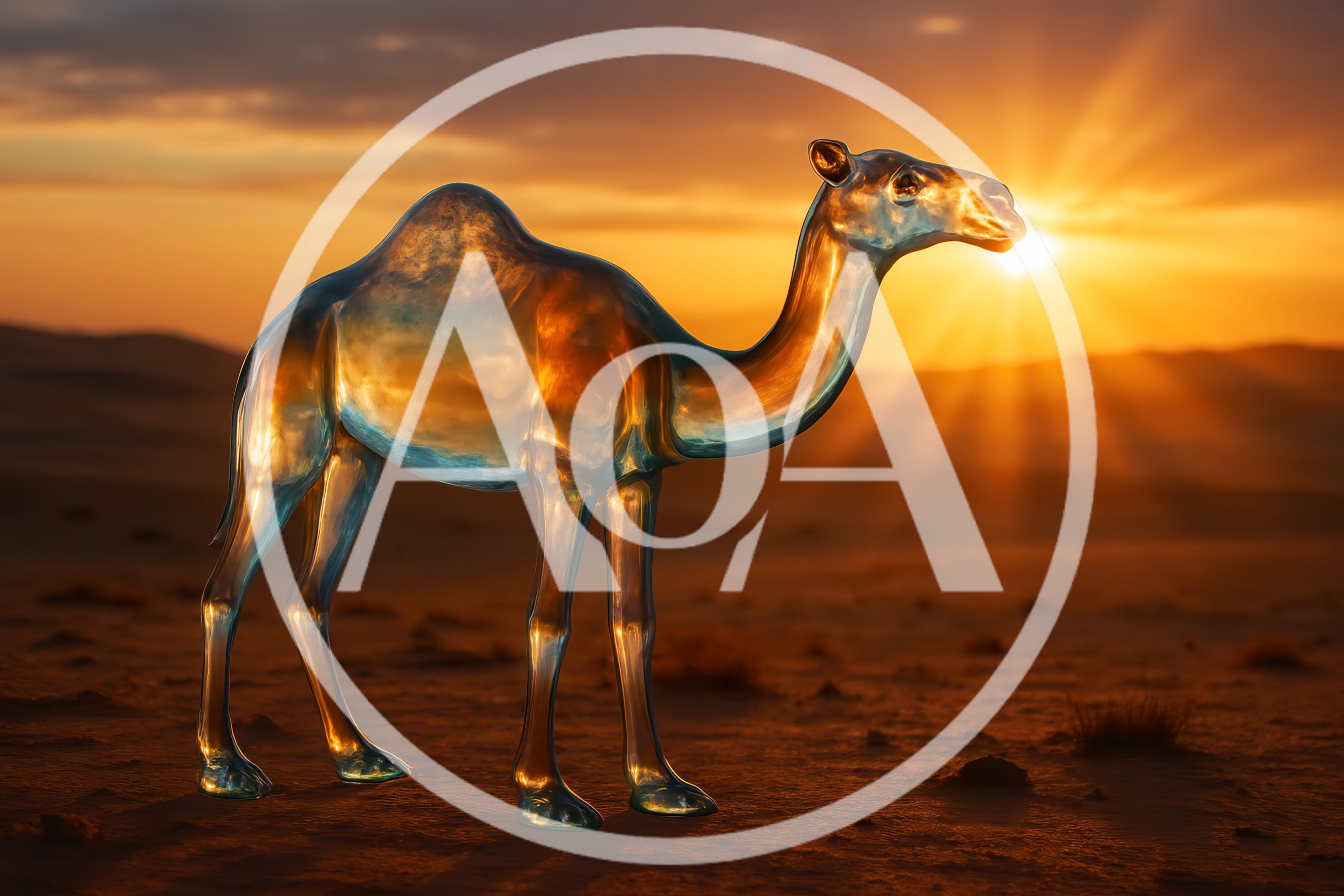 Glass Camel Sculpture Standing In Desert At Sunset