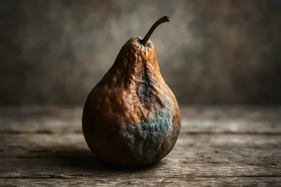 Decaying Brown Pear With Mold On Wooden Surface