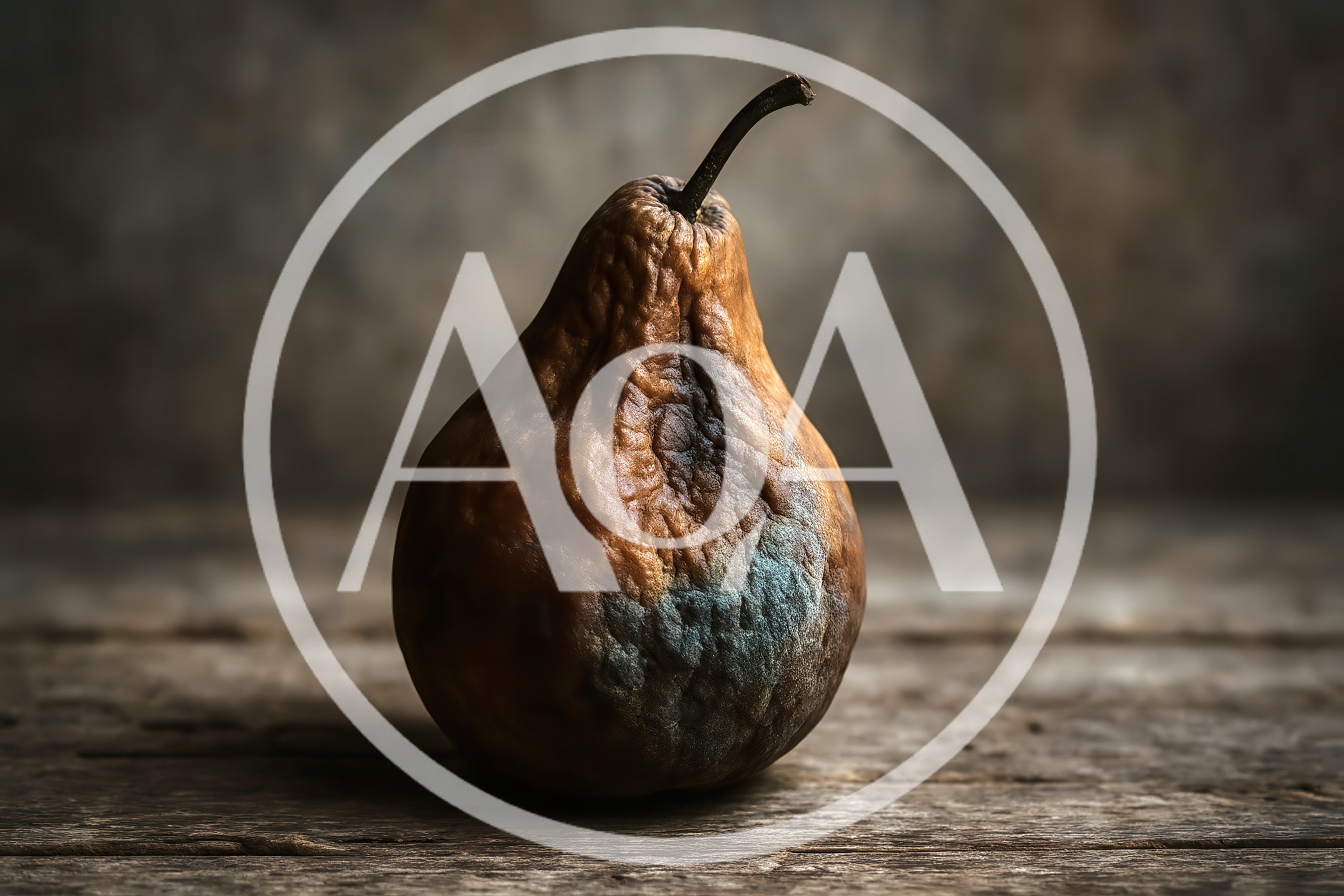 Decaying Brown Pear With Mold On Wooden Surface
