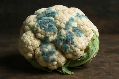 Moldy Cauliflower Head on Dark Wooden Surface