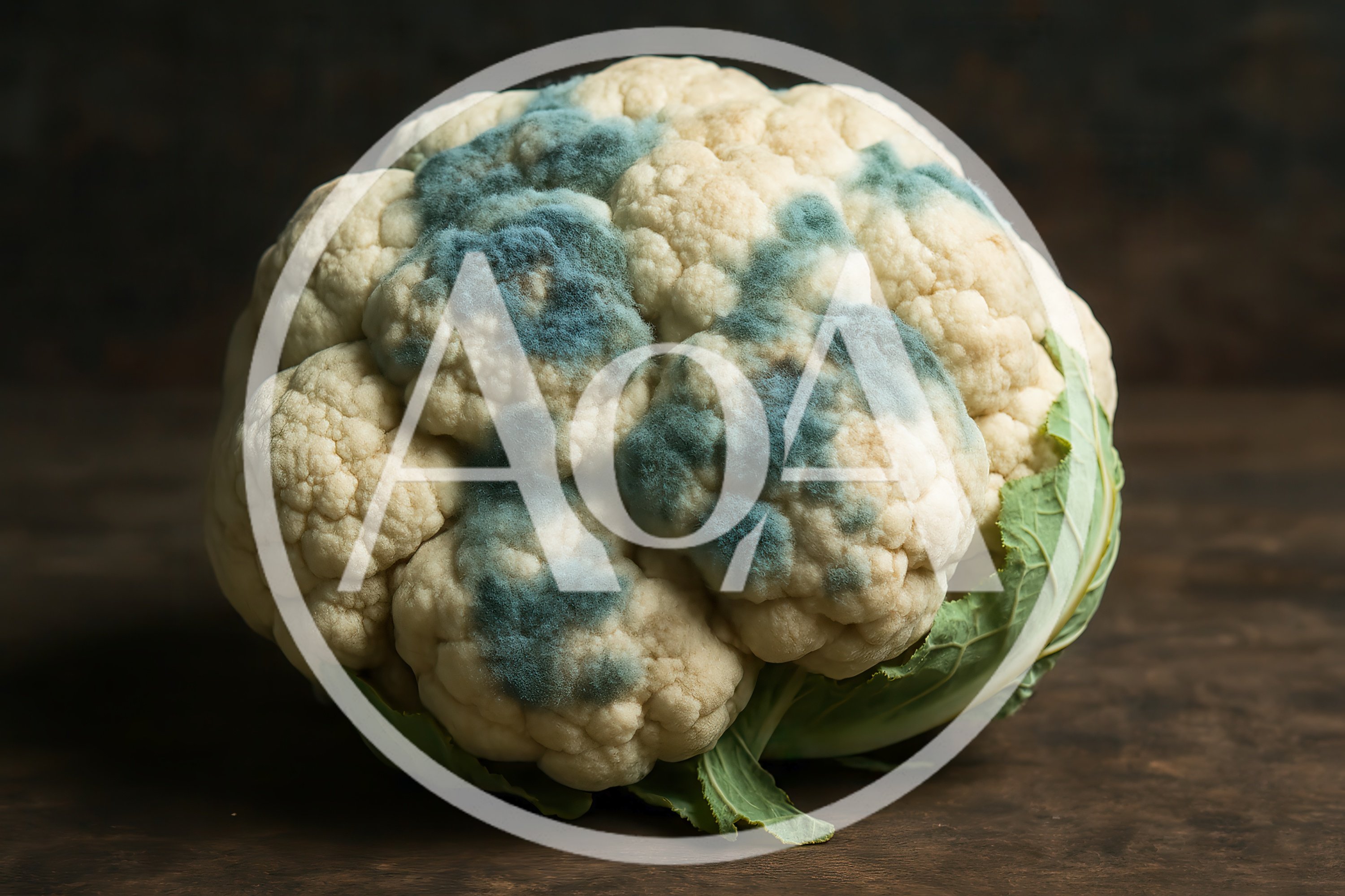 Moldy Cauliflower Head on Dark Wooden Surface